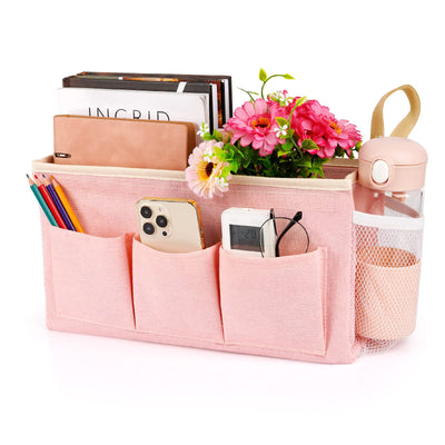 Lilithye Bedside Caddy Bedside Organizer Bedside Storage Caddy with Fixed Straps and Water Bottle Holder for Home College Dorm Bunk Bed Hospital Bed Crib Bed Rails (Pink)
