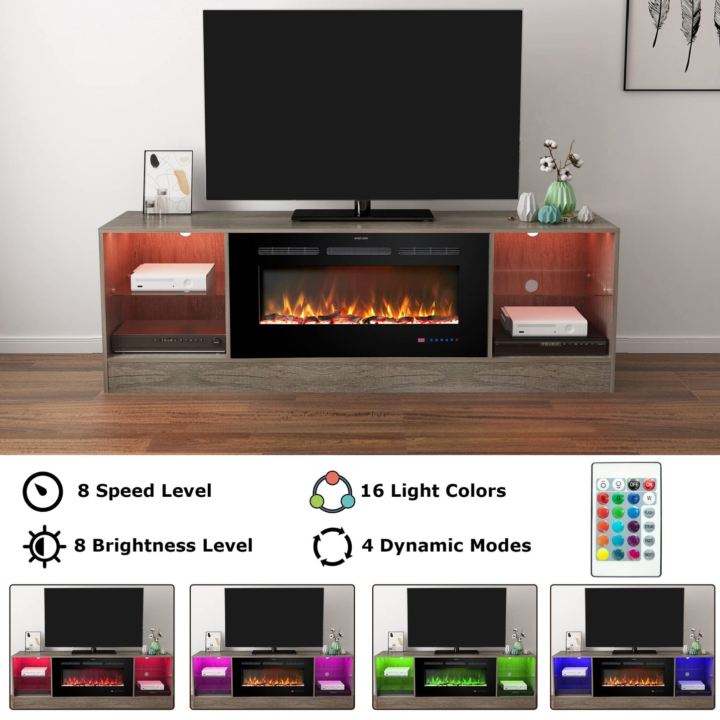 Kentsky 72" Fireplace TV Stand, Entertainment Center with 36" Electric Fireplace, LED Light Wood Storage Cabinet Table, Media Console for TVs Up to