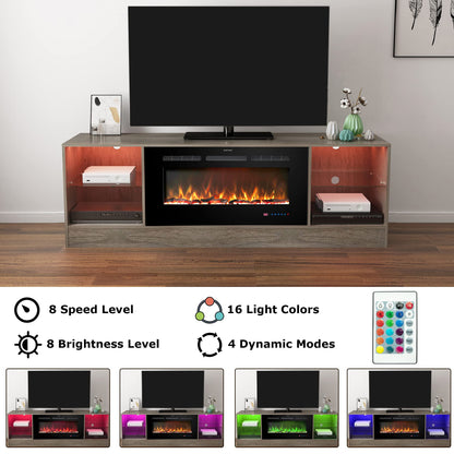 Kentsky 72" Fireplace TV Stand, Entertainment Center with 36" Electric Fireplace, LED Light Wood Storage Cabinet Table, Media Console for TVs Up to