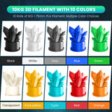 SUNLU 10KG PLA Filament Bundle 1.75mm, 3D Printer Filament, Dimensional Accuracy +/- 0.02 mm,1kg Spool, 10 Rolls, Black+White+Grey+Transparent+Blue+Green+Orange+Red+Pureyellow+Cyan SUNLU
