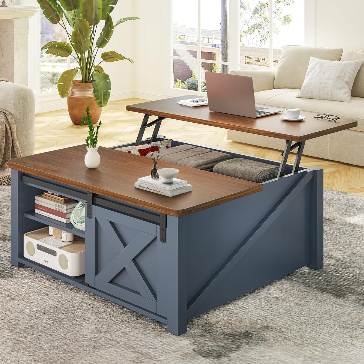 SEDETA 31.5" Lift Top Coffee Table with Storage, Square Coffee Tables for Living Room, Farmhouse Coffee Table with Large Hidden Storage Compartment and Adjustable Shelves, Blue SEDETA