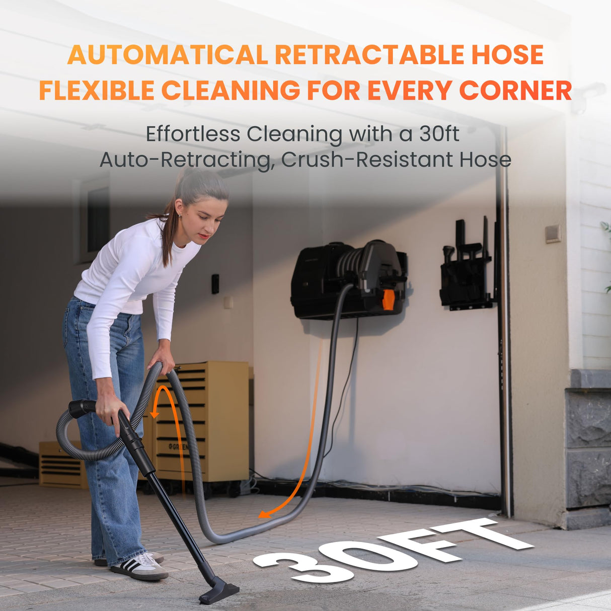 Giraffe Tools Grandstorm Retractable Vacuum Cleaner with 30 FT Hose Wall Mounted, Wet Dry Vacuum Cleaner with 6 Nozzles for Car Detailing Normal Version, Grey （No Remote Control Funtion） Giraffe Tools