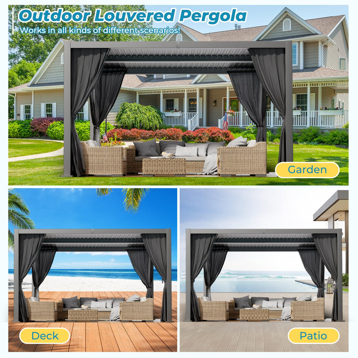 LVUYOYO Outdoor Louvered Pergola 10' x 13', Aluminum Pergola with Adjustable Roof, Waterproof Metal Gazebo with Curtains and Netting for Patio, Backyard, Garden, Deck (Black) LVUYOYO