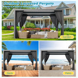 LVUYOYO Outdoor Louvered Pergola 10' x 13', Aluminum Pergola with Adjustable Roof, Waterproof Metal Gazebo with Curtains and Netting for Patio, Backyard, Garden, Deck (Black) LVUYOYO