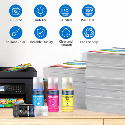 Tounker Sublimation Ink for EcoTank Supertank Inkjet Printer ET-2400 ET-2720 ET-2760 ET-2750 ET-2800 ET-2803 ET-4800 ET-3760 ET-2850 WF-7720 ET-15000 Heat Press Transfer on Mugs, Polyester Shirts etc