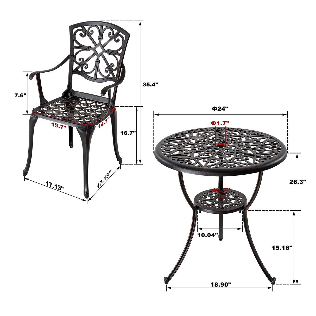 NUU GARDEN 3 Piece Outdoor Bistro Set Cast Aluminum Patio Set Bistro Table Set Rustproof Patio Table and Chairs with Umbrella Hole for Backyard, Balcony, Front Porch, Black NUU GARDEN