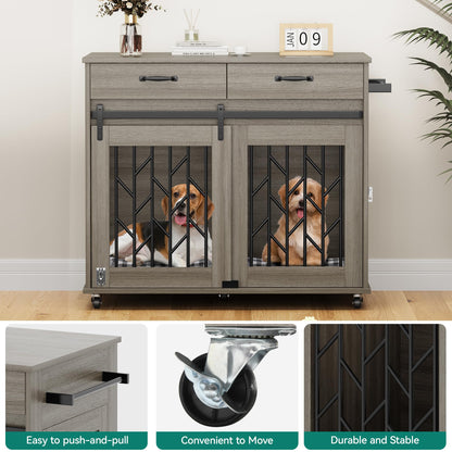 YITAHOME Dog Crate Furniture with Sliding Barn Door, 39" Wooden Dog Kennel Indoor with Storage Drawers, Double Dog Crate for 2 Small Medium Dogs, Grey