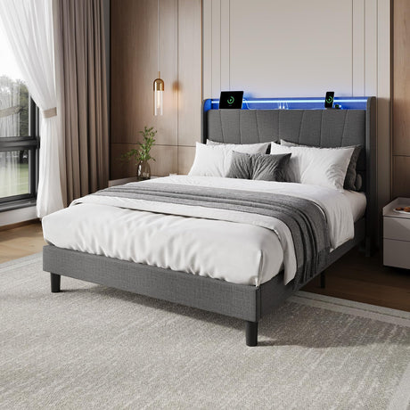 SLEKVERSA Queen Size Bed Frame with LED Lights and Charging Station, Fabric Upholstered Platform Queen Bed Frame with Headboard, No Box Spring Needed Bedframe, Noise Free, Easy Assembly, Gray SLEKVERSA