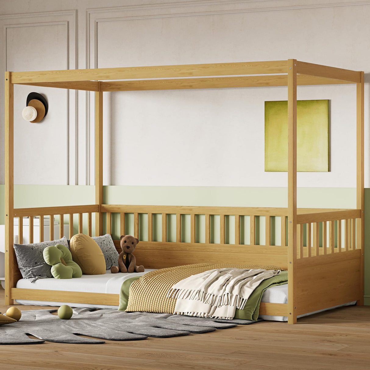 Twin Size Canopy Bed Frame with 4 Posters and Guardrails, Twin Size Montessori Floor Bed with High Fence, Natural Bellemave
