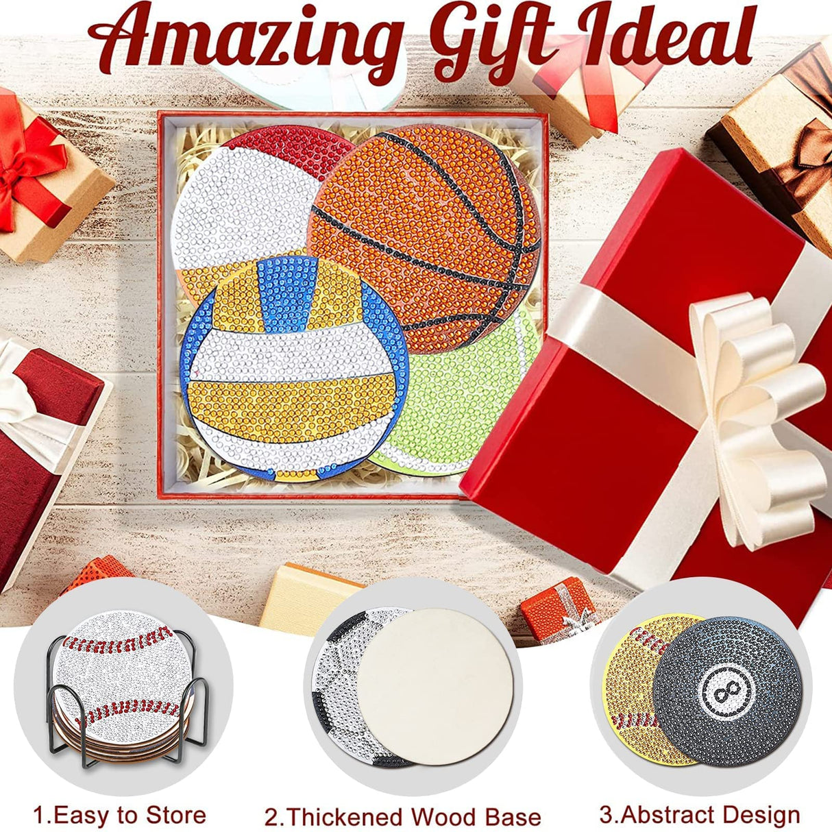 YLOLUL 10 Pcs Balls Shaped Diamond Painting Coasters Kits DIY Soccer Ball Football Diamond Painting Coasters with Holder for Beginners Adults and Kids Art Craft Supplies Gift YLOLUL