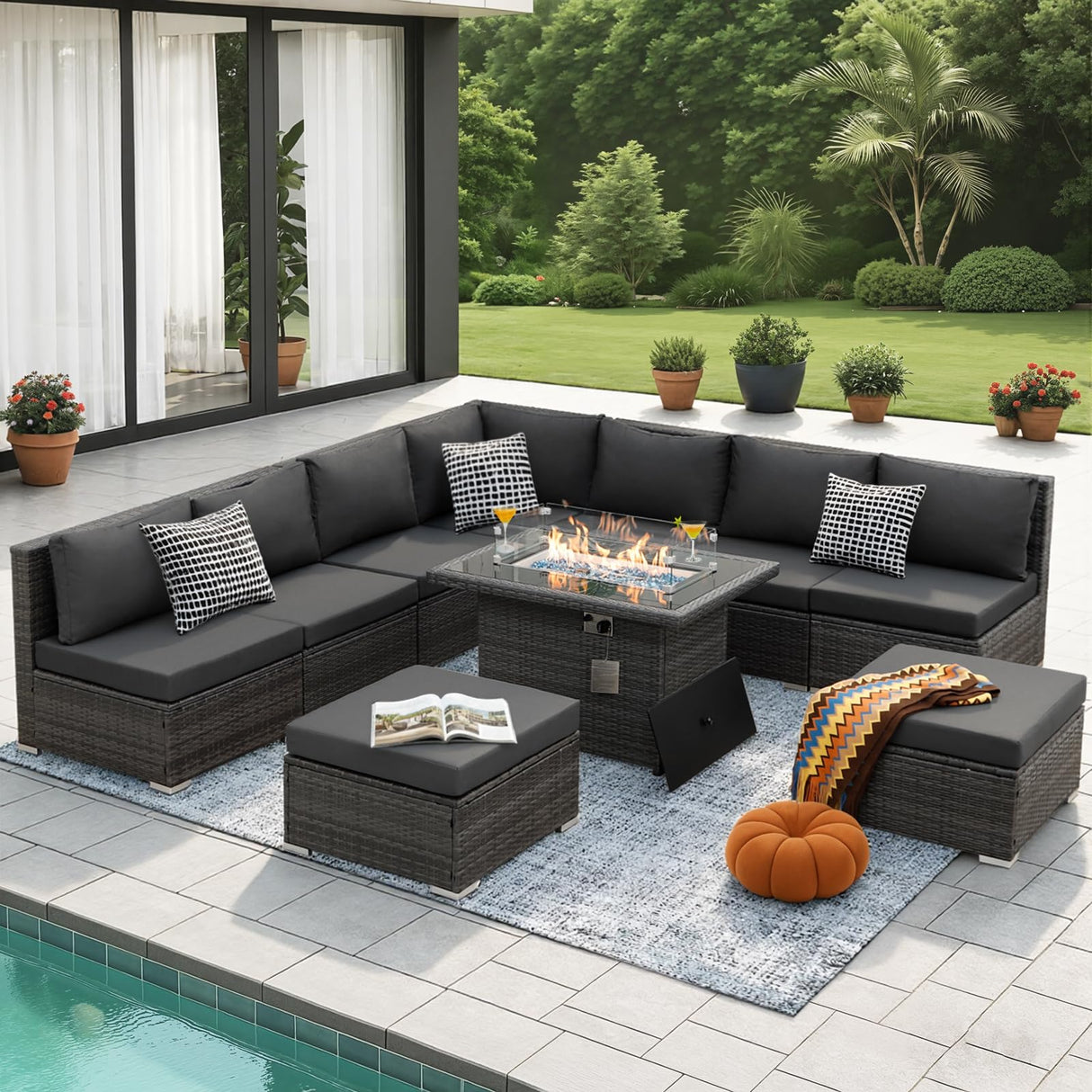 NICESOUL 10 Piece Contemporary Patio Furniture Set with Firepit Table Natural Gas/Propane, 29.3'' High Backrest Outdoor Sofa Conversations, 9 Seats Deep Wide Seating Wicker Sectionals, Dark Gray NICESOUL