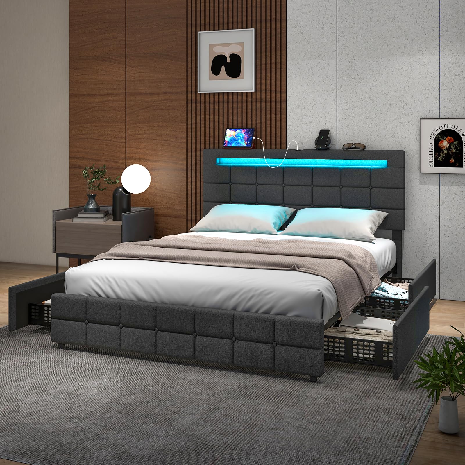 Giantex Grey Upholstered Full Bed Frame with LED Lights, USB Ports and 4 Storage Drawers - WoodArtSupply