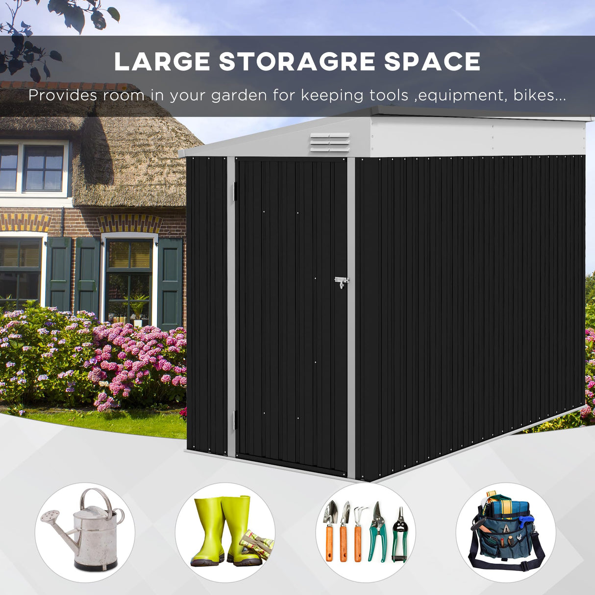 Outsunny 4' x 7.7' Metal Outdoor Storage Shed, Lean to Storage Shed, Garden Tool Storage House with Lockable Door and 2 Air Vents for Backyard, Patio, Lawn, Dark Gray Outsunny