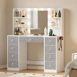 Vanity Desk with Mirror and Lights, Diamond Edition Vanity Desk with 9 Drawers and 6 Storage Shelves Dressing Table, Vanity Desks with Power Outlet and 3 Color Modes 10 LED Bulb for Girls Bedroom Dowinx