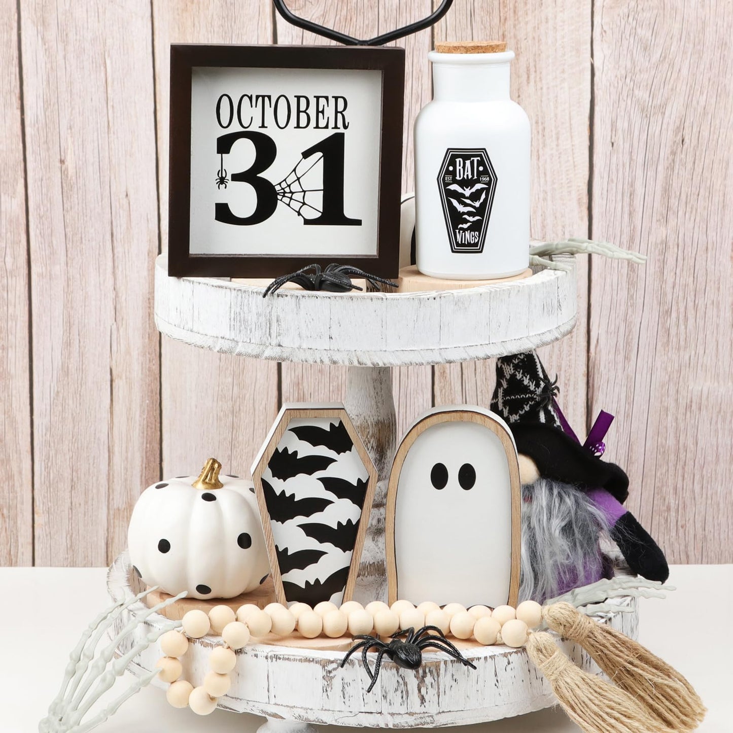 Maxsoins Halloween Decorations Indoor- Apothecary Potion Bottles,Bat Coffin, Ghost,and Halloween Wood Signs & Bead Garland-Farmhouse Decoration for Tiered Tray Table Home Party Decor