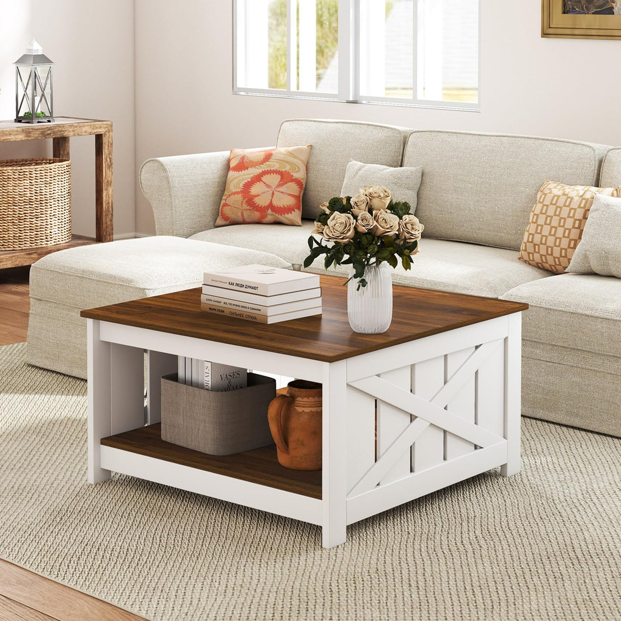 Giantex Farmhouse Coffee Table, 31 Inch Square Wood Coffee Table with Storage Shelf, 2-Tier Vintage Center Table with Open Compartment, Rustic Living Room Table for Home Office, White & Brown Giantex