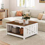 Giantex Farmhouse Coffee Table, 31 Inch Square Wood Coffee Table with Storage Shelf, 2-Tier Vintage Center Table with Open Compartment, Rustic Living Room Table for Home Office, White & Brown Giantex