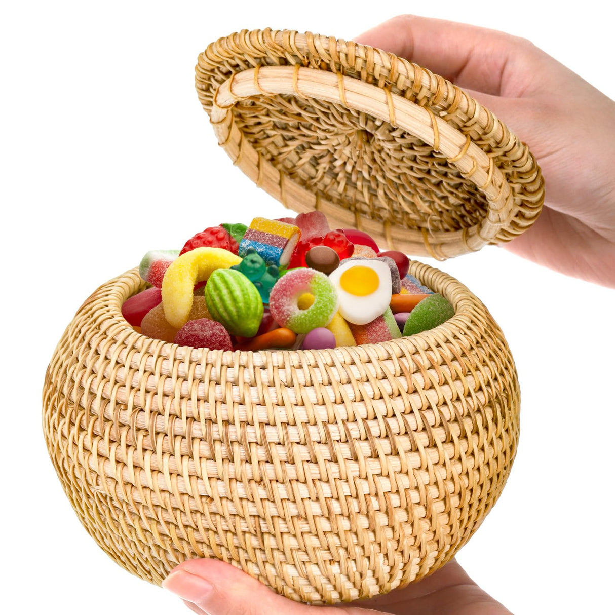 WRINGKIT Round Rattan Basket Box with Lid, Small Handmade Woven Storage Basket, Multi-purpose Wicker Bowl Decorative Organizer for Shelf, Home, Bathroom Decor WRINGKIT