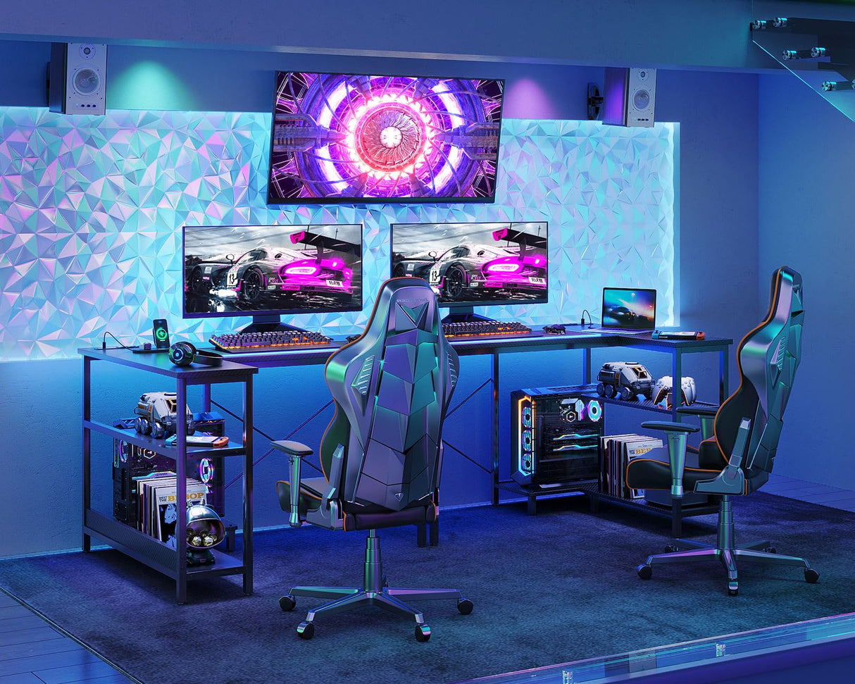 ODK 40 Inch Small L Shaped Gaming Computer Desk with Power Outlets, Corner Desk with Reversible Storage Shelves & PC Stand for Small Space, Modern Simple Home Office Table, Carbon Fiber Surface, Black ODK