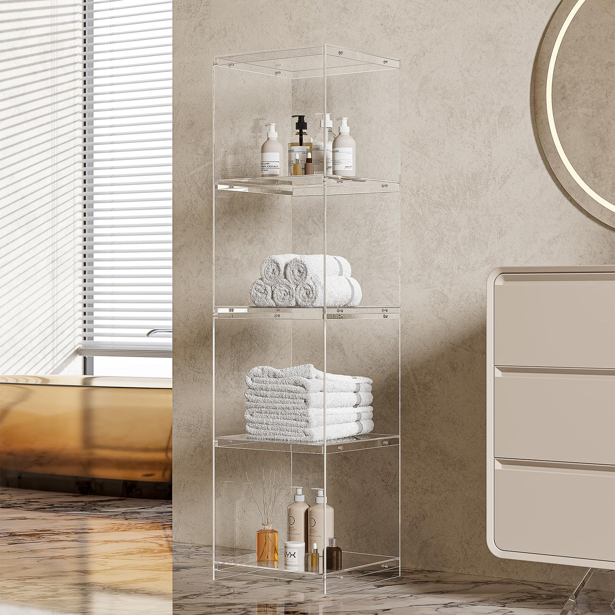 Acrylic Display Cabinet, 4-Tier Display Case in Bedroom, Living Room, Playroom, Modern Style (16" D x 16" W x 62" H) bitaycan