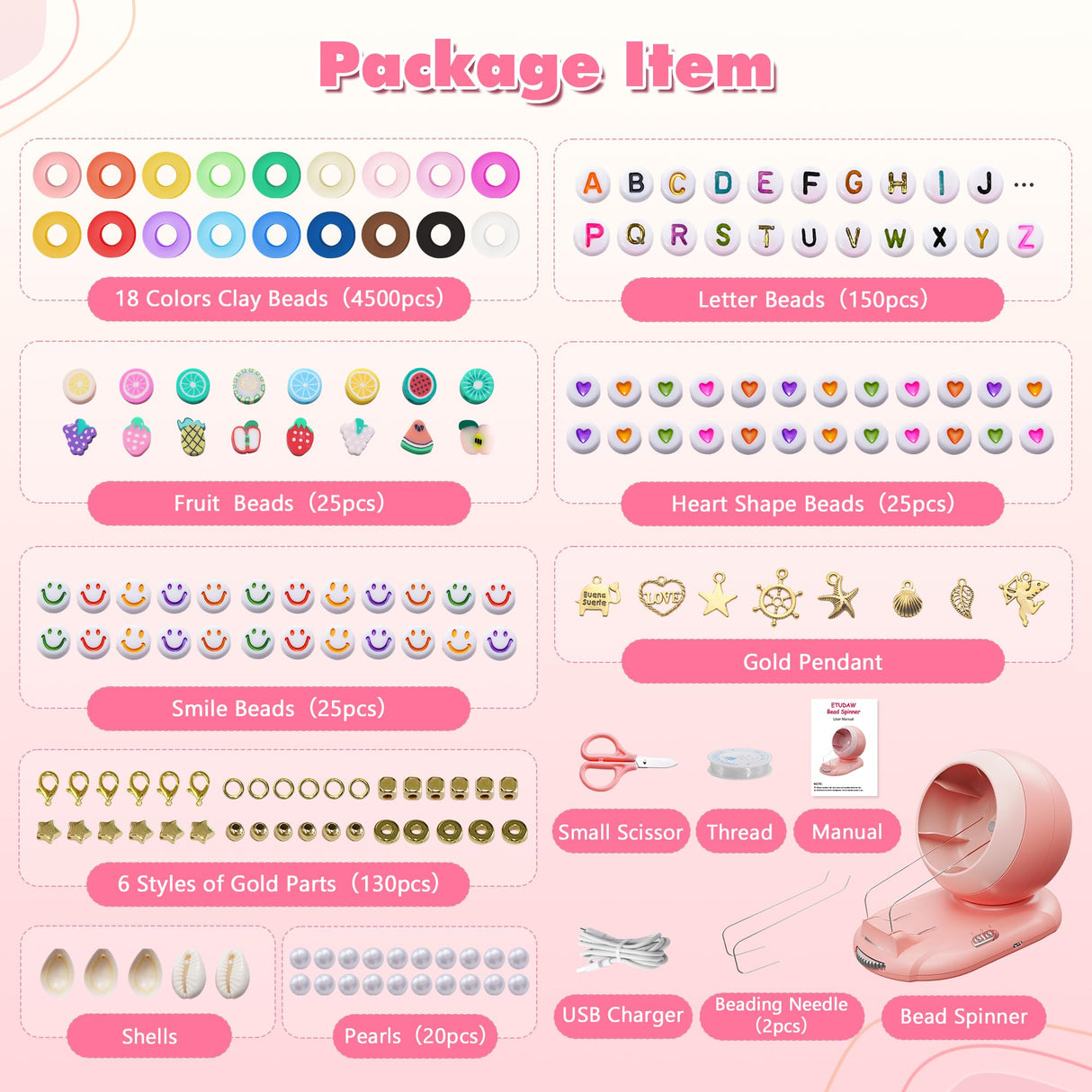 ETUDAW Bead Spinner, Rechargeable Electric Clay Bead Spinner Kit for Bracelet Making, Beginner 4500PCS Clay Beads Kit with Dual Needles and Adjustable Speed, Gift for Holidays, Birthdays (Pink) ETUDAW