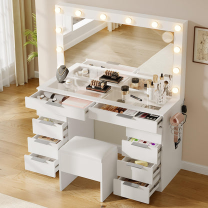 YITAHOME Makeup Vanity Desk with Large Mirror, 10-Drawer Vanity Set with Glass Tabletop & Charging Station, Dressing Table with Storage Chair & 3-Color Brightness Adjustable Lighting, Snow White