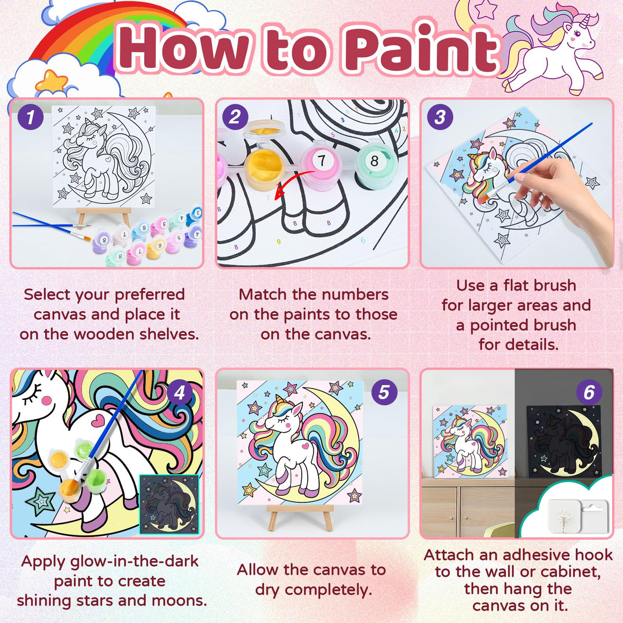 6 Pack Glow in the Dark Unicorn Paint by Numbers Kit for Kids - Pre-printed Canvas with 50 Paints, 12 Brushes & 2 Easels - DIY Acrylic Painting Set for Boys and Girls - Ideal for Home Decor Craft Spot!