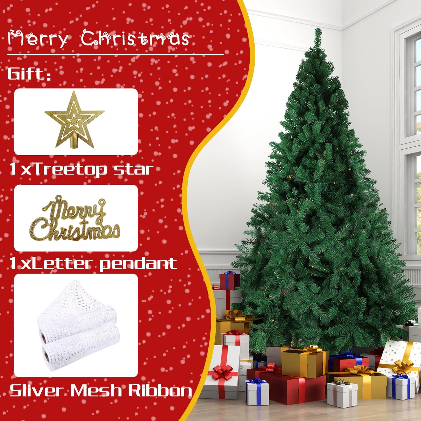 BDL 10FT Green Christmas Tree Premium Hinged Artificial Pine Tree with Solid Metal Stand and Decorations,2150Tips