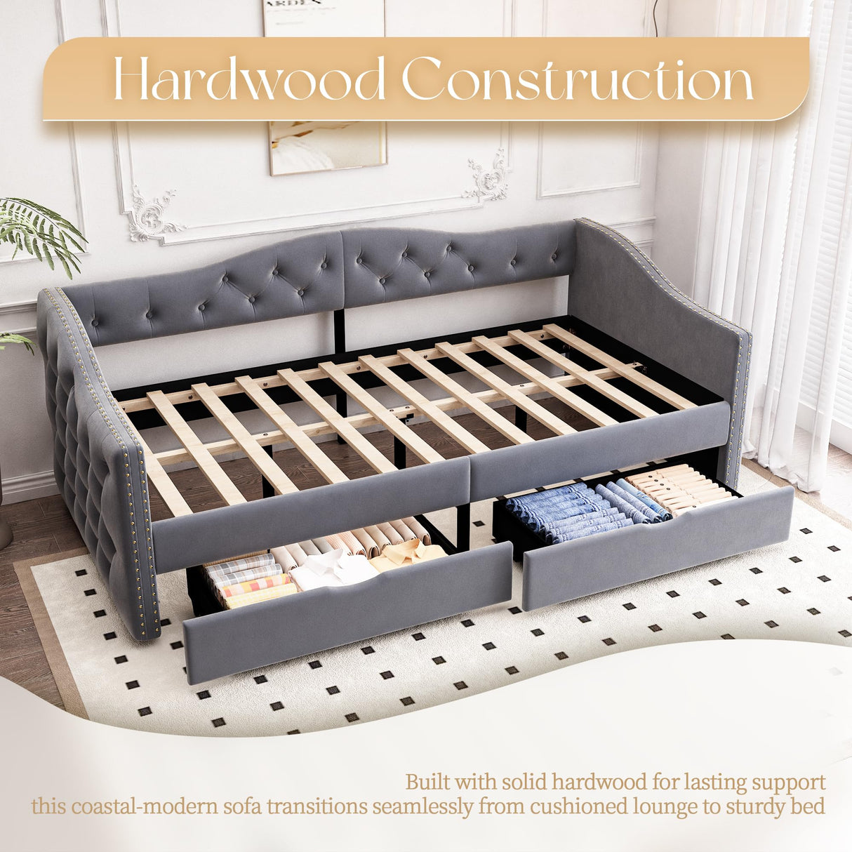 Daybed with Storage Drawers, Twin Size Velvet Upholstered Sofa Bedframe w/USB Port, Button Tufted Backrest and Nailhead Design Daybeds for Bedroom, No Box Spring Needed (Dark Grey, Twin w/Drawers) HMYFGD