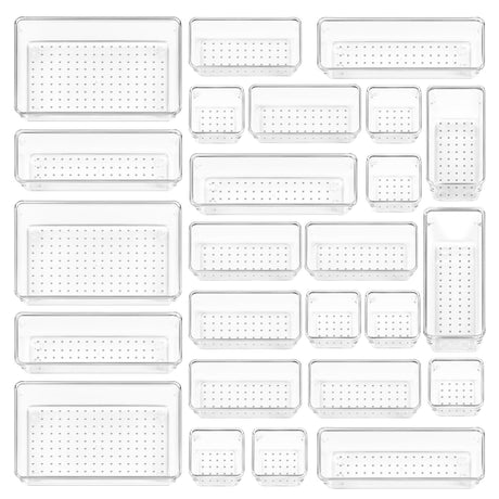 Vtopmart 25 PCS Clear Plastic Drawer Organizers Set, 4-Size Versatile Bathroom and Vanity Drawer Organizer Trays, Storage Bins for Makeup, Bedroom, Kitchen Gadgets Utensils and Office Vtopmart