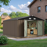 JUMMICO 10 x 10 FT Outdoor Storage Shed, Large Metal Garden Shed & Tool Sheds for Backyard Garden Patio Lawn (Brown) JUMMICO