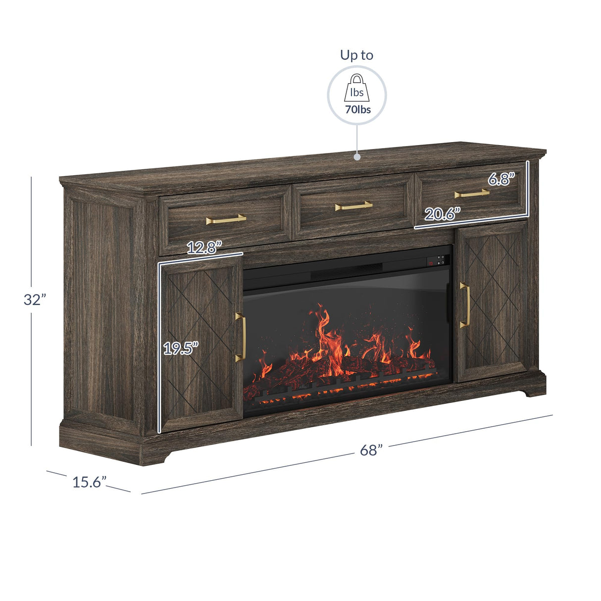 BELLEZE 68 Inch Farmhouse TV Stand with 36" Electric Fireplace with Sound, Entertainment Center with Storage Cabinets & 3 Drawers for TVs up to 75", Media Console for Living Room & Bedroom (Brown) BELLEZE