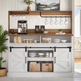 YITAHOME 52" Farmhouse Coffee Bar Cabinet with Storage, Buffet Cabinet with Goblet Holder, 5 Hooks, Power Outlets, Sideboard Cabinet with Sliding Barn Doors for Kitchen & Living Room (White) YITAHOME