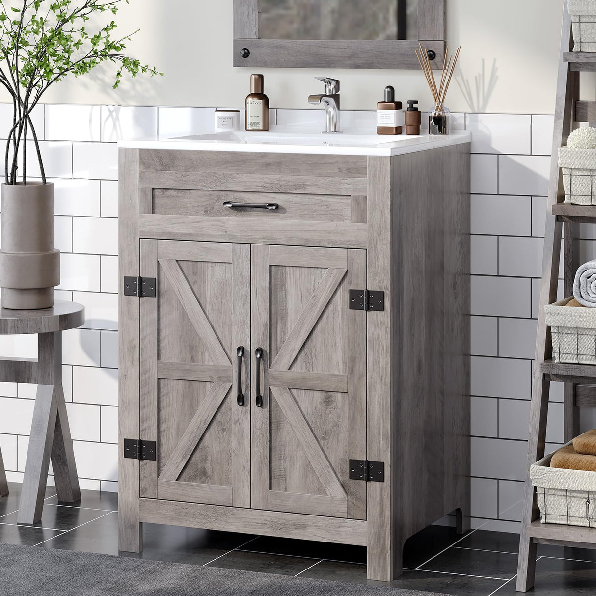 VINGLI 24" Farmhouse Bathroom Vanity with Sink, Undermount Vanity Sink Cabinet with Barn Door &Shelf,Free Standing Small Bathroom Storage Cabinet with Single Hole Ceramic Basin Combo Set,Washed Gray VINGLI