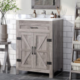 VINGLI 24" Farmhouse Bathroom Vanity with Sink, Undermount Vanity Sink Cabinet with Barn Door &Shelf,Free Standing Small Bathroom Storage Cabinet with Single Hole Ceramic Basin Combo Set,Washed Gray VINGLI