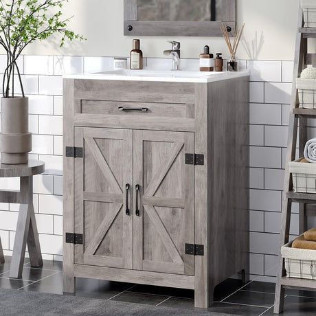 VINGLI 24" Farmhouse Bathroom Vanity with Sink, Undermount Vanity Sink Cabinet with Barn Door &Shelf,Free Standing Small Bathroom Storage Cabinet with Single Hole Ceramic Basin Combo Set,Washed Gray VINGLI