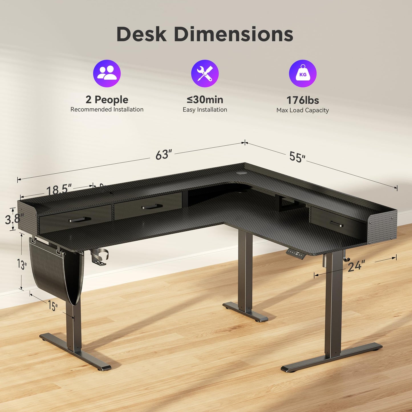 WALKINGDESK 63 Inches Height Adjustable L Shaped Standing Desk with 3 Drawers and Monitor Shelf, Electric Corner Comupter Desk, Sit Stand up Home Office Desk, Ergonomic Gaming Desk, Black