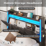 busyaeh Queen Bed Frame with Storage Headboard, Metal Bed Frame with LED Lights & Charging Station, Upholstered Queen Bed with Marshmallow Headboard, No Box Spring Needed, Easy Assembly，Dark Gray busyaeh