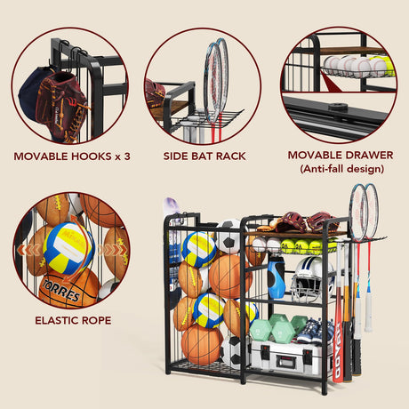 Homsorout Garage Sports Equipment Organizer, Ball Storage for Gear and Toys, Large Capacity, Sports Organizer for Garage with Hooks and Baskets, for golf, Football, Soccer Ball, Bat Homsorout
