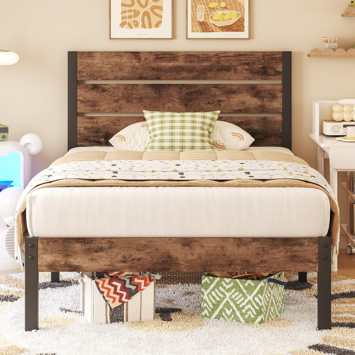 Fluest Twin Bed Frame with Headboard and Footboard, Metal Twin Bed Frame with Under Bed Storage, All-Metal Support System, No Box Spring Needed, Easy Assembly,Rustic Brown Fluest