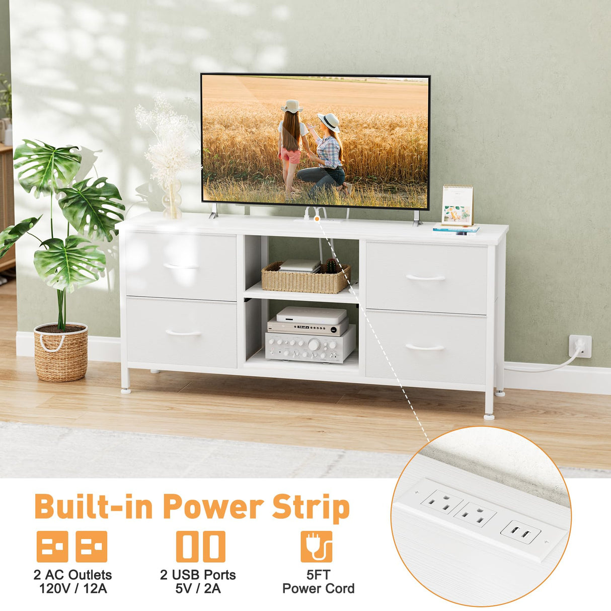 YaFiti Dresser TV Stand with Power Outlet, Entertainment Center with 4 Fabric Drawers and Open Shelves for 50" TV, Media Console Table, Dresser for Bedroom, Living Room, Entryway, White YaFiti