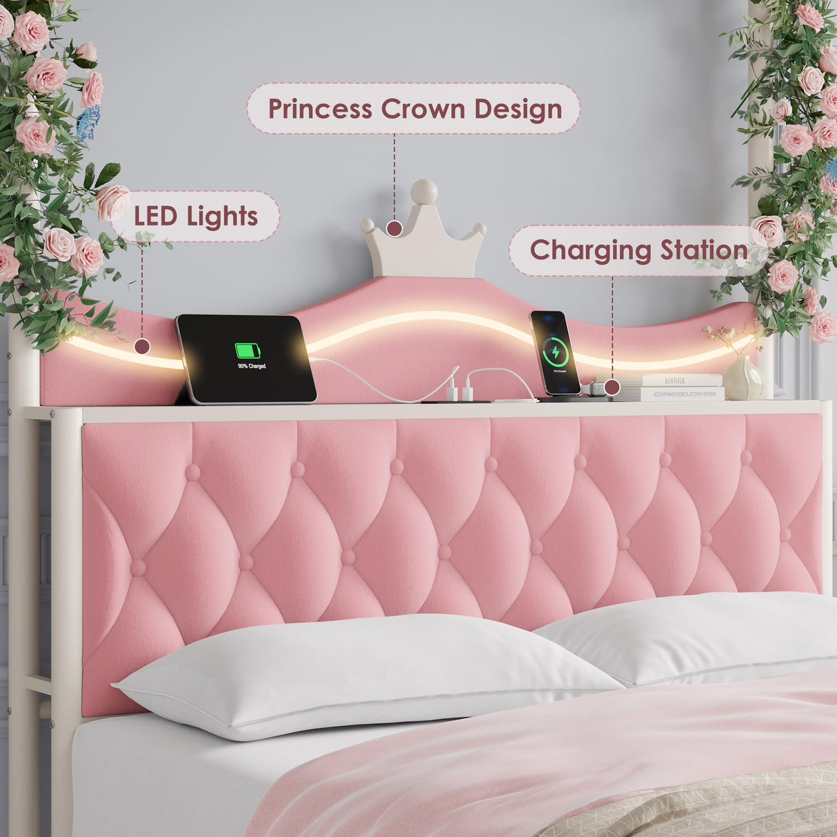 Keyluv Full LED Canopy Bed Frame with Storage Drawers and Charging Station, Four Poster Bed Frame with Upholstered Button Tufted Crown Headboard, 2 in 1 Royal Princess Pink Bed with Removable Posts Keyluv
