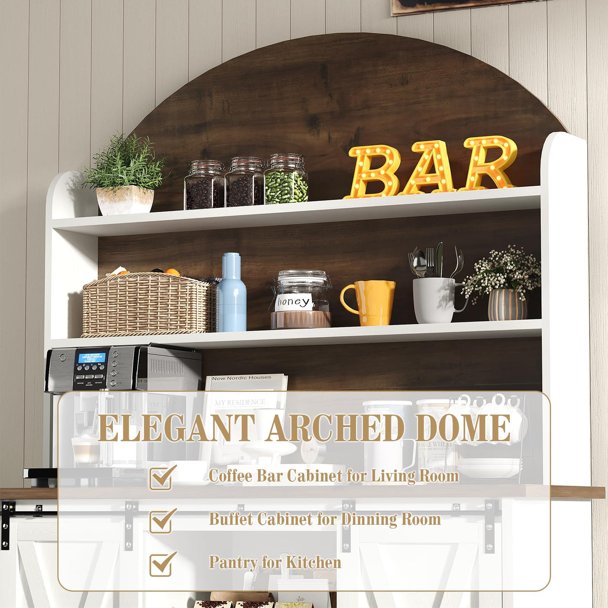 4 EVER WINNER Farmhouse Coffee Bar with 3-Tier Storage, 67” Tall Coffee Bar Cabinet with Sliding Barn Doors, White Buffet Cabinet with Hutch & 9 Wine Racks, White 4 EVER WINNER