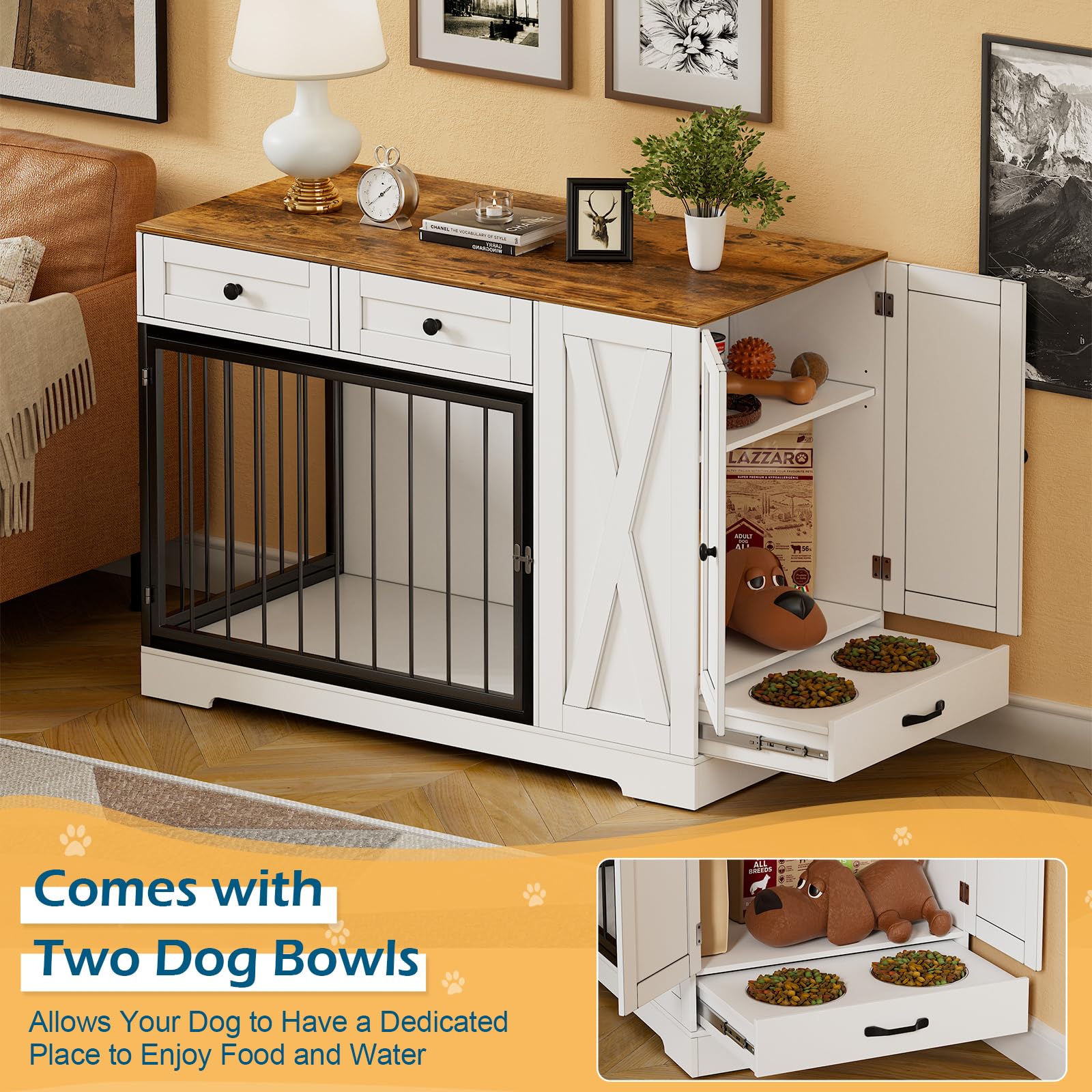 Dog Crate Furniture Kennel with Double Doors, Wooden Pet House with 2 Drawers and Pet Feeder Station Storage Cabinet, Furniture Style Dog Crate Table Side End Table for Large Medium Dogs, Whi - WoodArtSupply