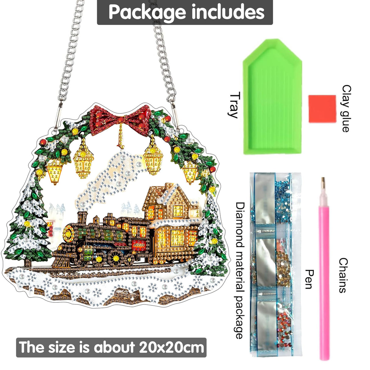 Yomiie Train House Sun Catcher Window Hanging - DIY Double Sided Diamond Painting Pendant Kit, Acrylic Diamonds Art Ornament for Front Door Sign & Indoor/Outdoor Garden Christmas Decor(8x8 inch) Yomiie