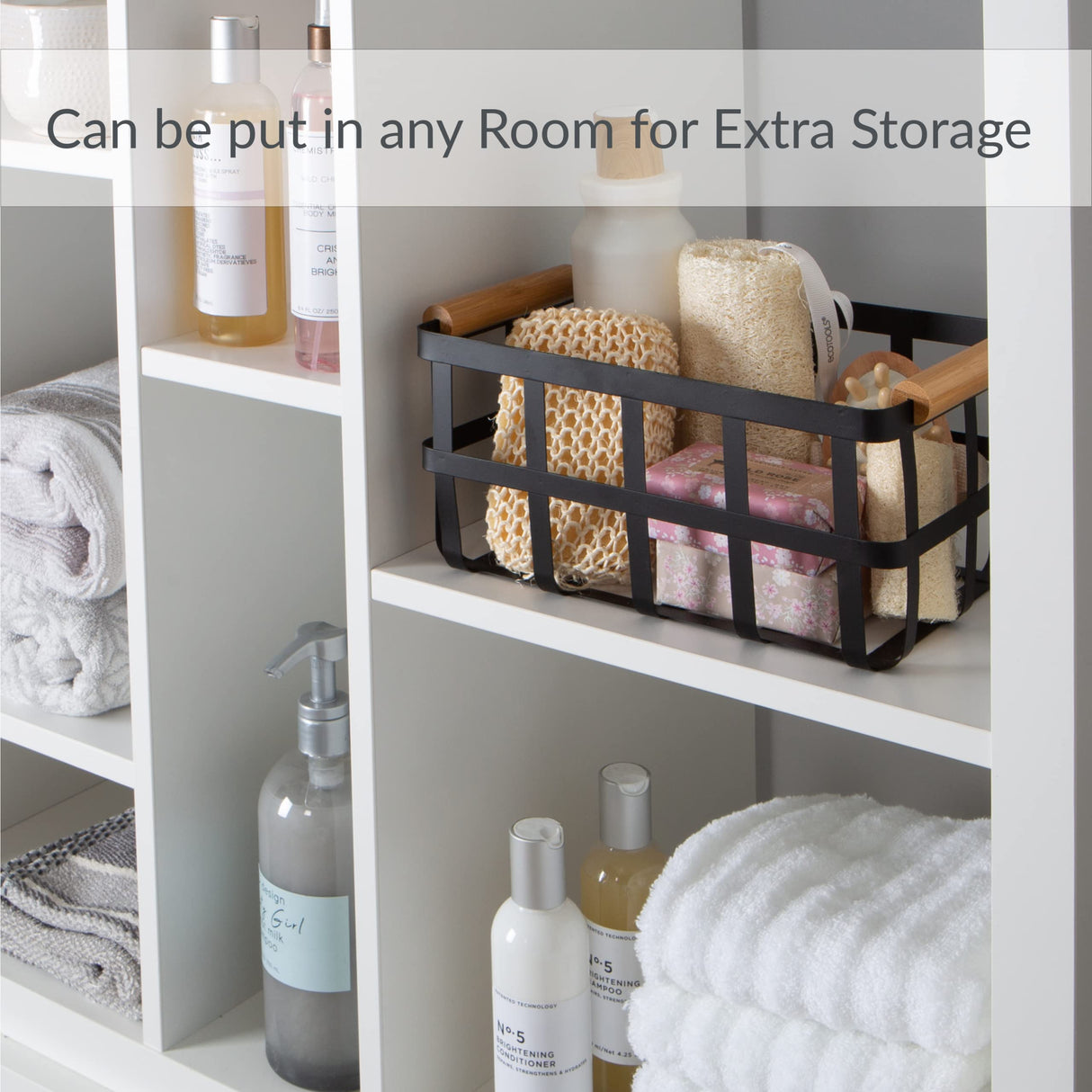 Simplify Rectangular Metal Storage Basket with Bamboo Handles | Large | Farmhouse Style Wire Basket | Home Organizer | Decorative | Rustic | Black Simplify