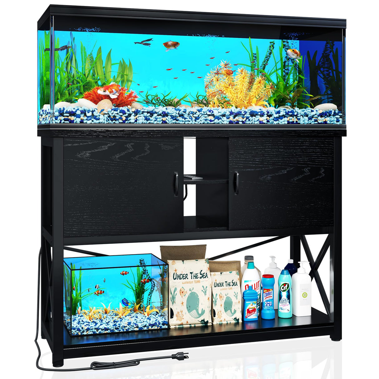 TC-HOMENY 55-75 Gallon Aquarium Stand with Charging Station and Cable Holes, Metal Fish Tank Stand with Storage Cabinet,51" L x 19.5" W Tabletop,1200LBS Capacity, Fit Living Room, Coffee Shop TC-HOMENY