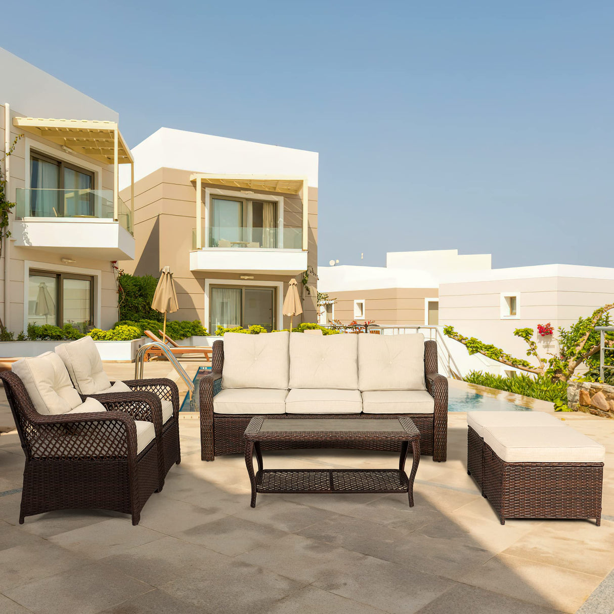 HOMREST 6 Pieces Patio Furniture Set, Wicker Patio Conversation Sets, Outdoor Sectional Rattan Sofa Chairs with Coffee Table, High Back, Ottoman, Cushions for Porch, Deck, Garden, Backyard (Beige) HOMREST