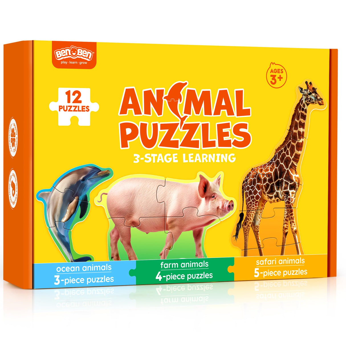 BenBen Puzzles for Toddlers 2-4,12 Animal Puzzles, 3 Levels Step-by-Step Color-Coded Jigsaw Puzzles, 48 Pieces Total, Educational Montessori Toys for Preschool Girls Boys BenBen