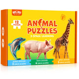BenBen Puzzles for Toddlers 2-4,12 Animal Puzzles, 3 Levels Step-by-Step Color-Coded Jigsaw Puzzles, 48 Pieces Total, Educational Montessori Toys for Preschool Girls Boys BenBen